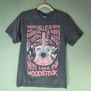 Woodstock Music Festival Womens Small Gray Aquarian Guitar T-Shirt White Lake NY